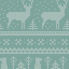 Nordic Knit / Jumbo Scale / Wintergreen / 230303A - teal green Norwegian sweater fabric with deer, fox, evergreen trees, and snowflakes