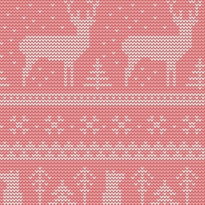 Nordic Knit / Jumbo Scale / Cranberry / 230303B - reddish pink norwegian sweater texture with cute reindeer, fox, snowflakes, and evergreen trees