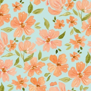 Large Peach pink watercolor floral on light blue for girly bedding and wallpaper