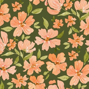 Large peachy pink flowers on dark green, loose watercolor florals for wallpaper and bedding. 