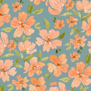 Large peach watercolor floral on blue gray for spring bedding and wallpaper