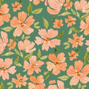 Large peach and green watercolor floral for bedding and tropical wallpaper