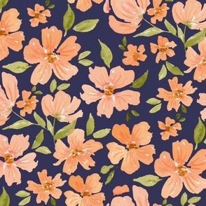 Large Peach pink watercolor floral on navy blue for girly bedding and wallpaper