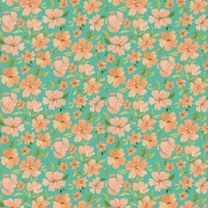 Small ditsy peach summer floral on bright mint green for dresses and accessories
