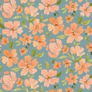 Medium peach watercolor floral on blue gray for spring bedding and wallpaper