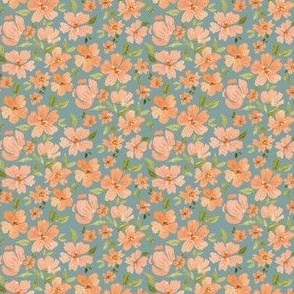 Small ditsy peach summer floral on blue grey for hair bows and accessories