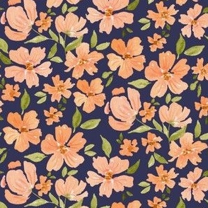 Medium Peach pink watercolor floral on navy blue for girly dresses and apparel