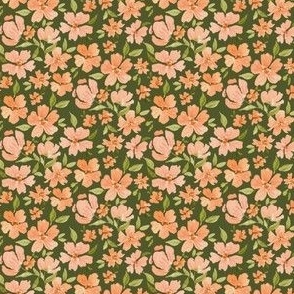 Small ditsy peach summer floral on olive green for bows and accessories