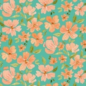 Medium peach summer floral on bright mint green for dresses and accessories