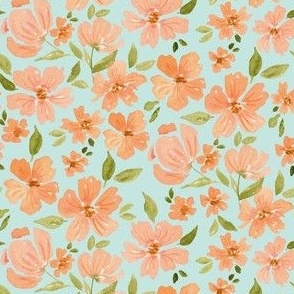 Medium peach summer floral on  light blue for dresses and accessories