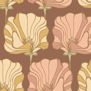 Art Nouveau Deco Poppy LARGE - gold + pink on chestnut brown