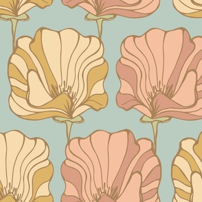 Art Nouveau Deco Poppy LARGE - gold + pink on sky blue