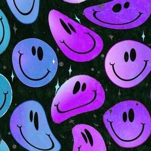 Trippy Preppy Nightshade over Black Smiley Face - Purple and Blue Smiley Face - Bold Preppy Blue and Preppy Purple Psychedelic Trippy Smiley Face - SmileBlob - xxtsf102b - 67.91in x 56.49in repeat - 150dpi (Full Scale)