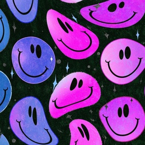 Trippy Preppy Moonstone over Black Smiley Face - Magenta Purple and Blue Smiley Face - Bold Preppy Blue and Preppy Magenta Purple Psychedelic Trippy Smiley Face - SmileBlob - xxtsf103b - 67.91in x 56.49in repeat - 150dpi (Full Scale)