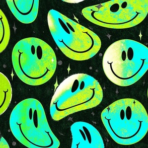 Trippy Twisted Neon Earth over Black Smiley Face - Yellow, Green, and Aqua Blue Smiley Face - Bright Yellow, Green, and Aqua Blue Psychedelic Trippy Smiley Face - SmileBlob - xxtsf223b - 67.91in x 56.49in repeat - 150dpi (Full Scale)