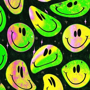 Trippy Twisted Neon Splatter over Black Smiley Face - Yellow, Green, and Pink Smiley Face - Bright Yellow, Green, and Pink Psychedelic Trippy Smiley Face - SmileBlob - xxtsf224b - 67.91in x 56.49in repeat - 150dpi (Full Scale)