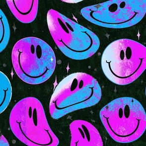 Trippy Twisted Razzleberry over Black Smiley Face - Purple and Blue Trippy Smiley Face - Bright Purple and Blue Psychedelic Trippy Smiley Face - SmileBlob - xxtsf225b - 67.91in x 56.49in repeat - 150dpi (Full Scale)
