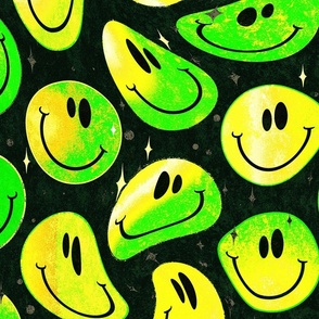 Trippy Twisted Neon 90s over Black Smiley Face - Yellow and Green Trippy Smiley Face - Bright Yellow and Green Psychedelic Trippy Smiley Face - SmileBlob - xxtsf226b - 67.91in x 56.49in repeat - 150dpi (Full Scale)