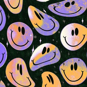 Trippy Twisted Fig Purple and Orange over Black Smiley Face - Pastel Purple and Orange Smiley Face - Light Purple and Orange Psychedelic Trippy Smiley Face - SmileBlob - xxtsf227b - 67.91in x 56.49in repeat - 150dpi (Full Scale)