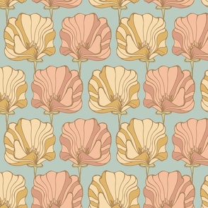 Art Nouveau Deco Poppy MED - amber pink on sky blue