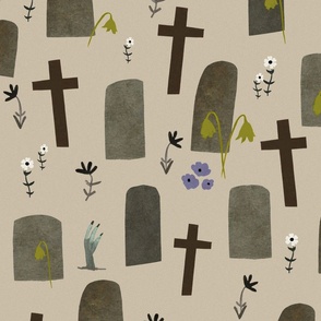 Witches brew - Halloween day at the graveyard Large - hand drawn cemetery in beige - graveyard and headstones with zombie hands