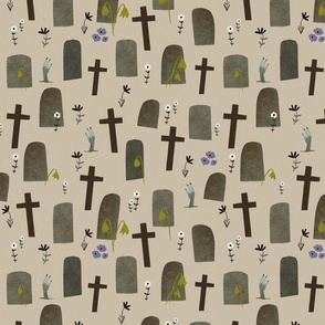 Witches brew - Halloween day at the graveyard Medium - hand drawn cemetery in beige - graveyard and headstones with zombie hands