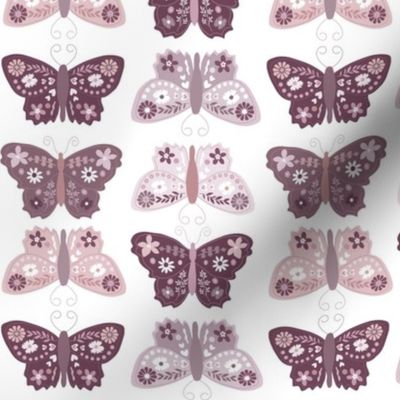 Large Scale // Lilac, Lavender and Mauve Purple Vintage Check Butterflies on Eggshell White