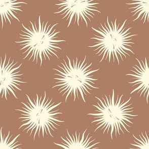 Cute sleepy cream white suns with smiley faces on warm earthy brown