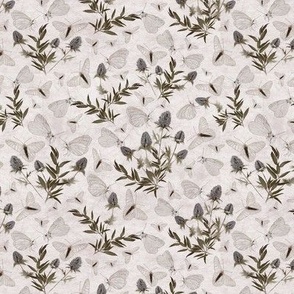 White Butterflies Thistle And Greenery Muted On Subtle Lavender Ground Small Scale