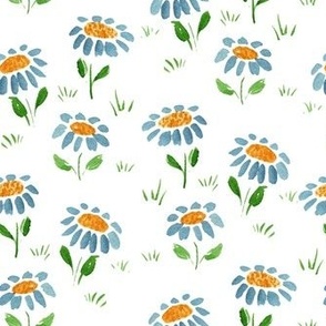 Medium watercolor Blue and yellow daisy flowers on white