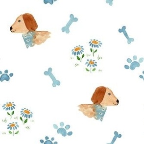 watercolor dogs and daisies with paw prints and bones in blue and white for kids apparel 