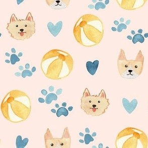 Medium watercolor beach dogs on pink with yellow beach balls, paw prints and bones