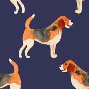 Medium Watercolour Beagle dogs on navy blue