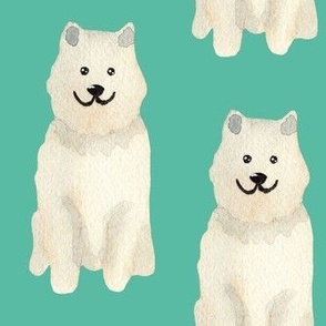 Medium Watercolour Samoyed dogs on bright turquoise green