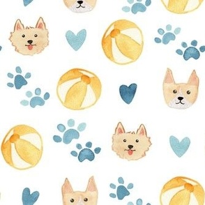 Medium watercolor dogs on white with yellow beach balls, bones and paw prints