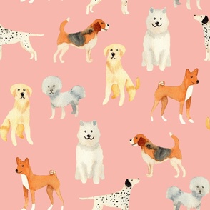Large Watercolour Dogs on rose pink for bedding and wallpaper 