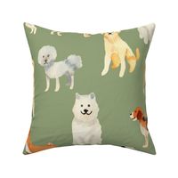 Large Watercolour Dogs on green for bedding and wallpaper 
