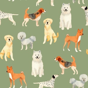 Large Watercolour Dogs on green for bedding and wallpaper 