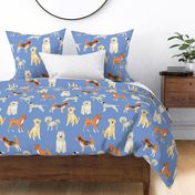 Large watercolour Dogs bright spring blue for bedding and wallpaper 