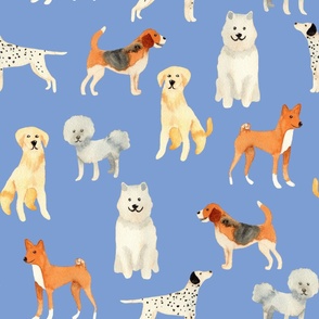 Large watercolour Dogs bright spring blue for bedding and wallpaper 