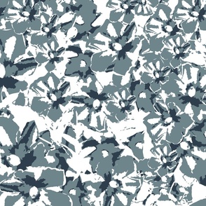 Overlapping Abstract Floral Blooms Gray-Blue And White  Botanical Large Scale