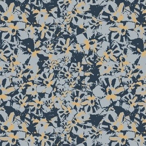 Blooms In Blue And Gold Caramel And Navy Overlapping Small Scale