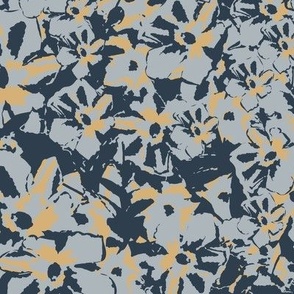 Blooms In Blue And Gold Caramel And Navy Overlapping Medium Scale
