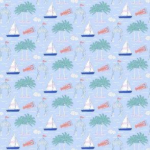 Tropical Boats and Lobsters in Blue