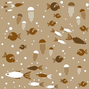 (M) Whimsical Fish Under Water Playground Coffee brown and white