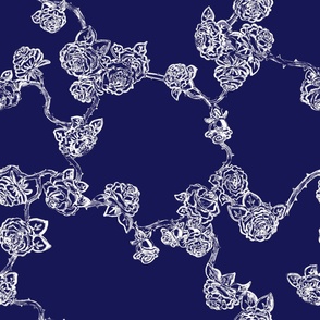 Rose vines white on blue - large scale print
