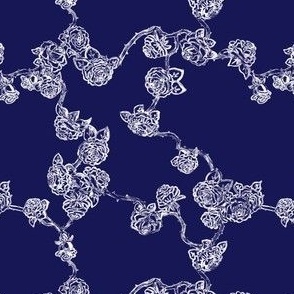 Rose vines white on blue - small scale print