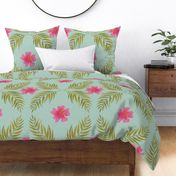 Green, Pink, and Teal Textured Tropical Leaves and Hibiscus Floral Extra Large