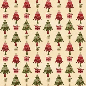 Christmas Gifts and Trees Beige Background