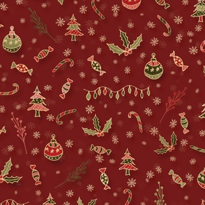 Christmas Candies and Ornaments Red Background